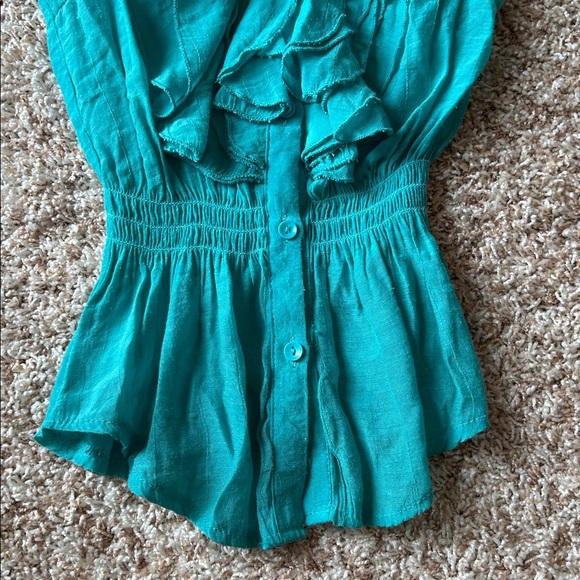 579 Turquoise Ruffled Sleeveless Blouse | Sleeveless Blouse | Ruffle Blouse - Picture 4 of 6